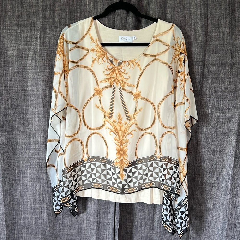 Cover charge beige blouse with poncho build on shawl size medium
